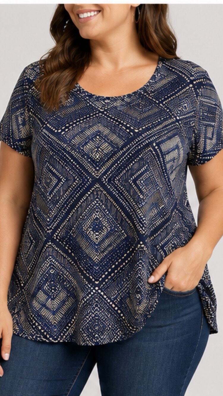 M&Co Plus Women’s Geometric Print Short Sleeve Tunic Top Blue Beige Plus Size 18
